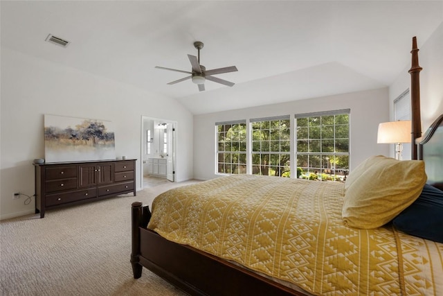 2045 Saint Andrews Dr, Round Rock, TX 78664 - carpeted bedroom featuring lofted ceiling, a ceiling fan, and ensuite bath