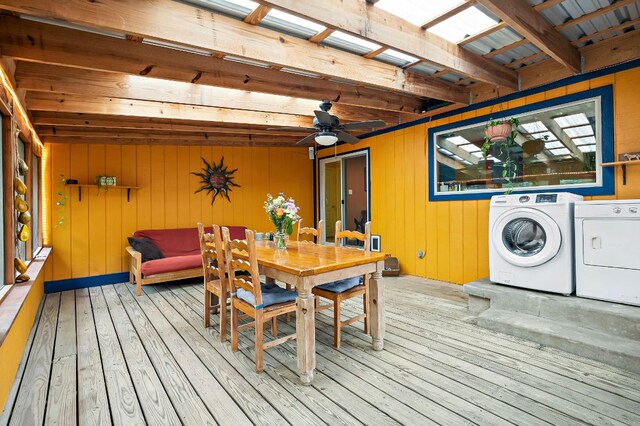 1516 Madison Ave, Austin, TX 78757 - deck featuring outdoor dining area, a ceiling fan, and separate washer and dryer