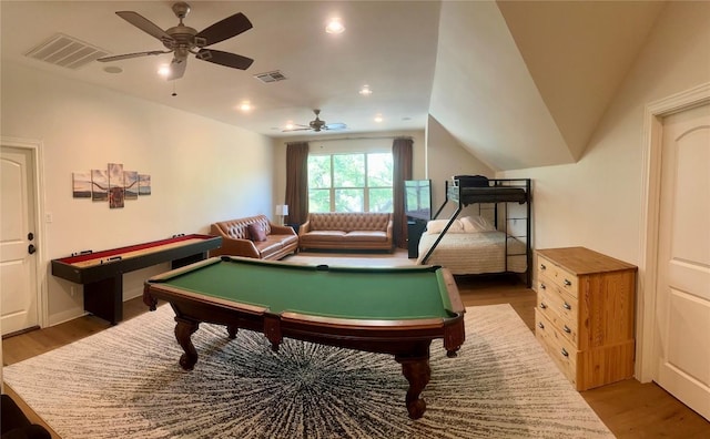 game room with pool table, visible vents, and wood finished floors