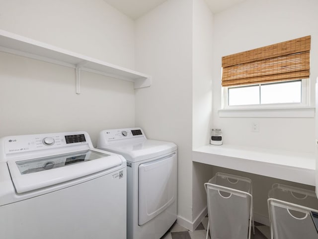 laundry room with separate washer and dryer, baseboards, and laundry area
