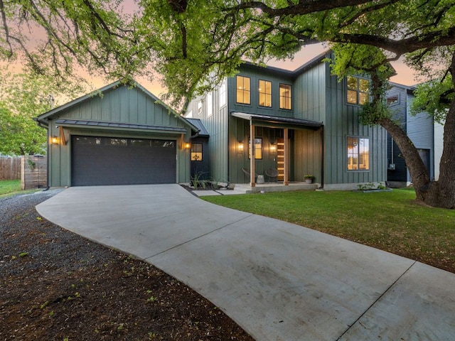 11000 5th St, Leander, TX 78645 - modern farmhouse with board and batten siding, concrete driveway, an attached garage, and covered porch