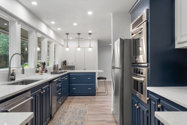 kitchen featuring a sink, appliances with stainless steel finishes, blue cabinets, and a healthy amount of sunlight