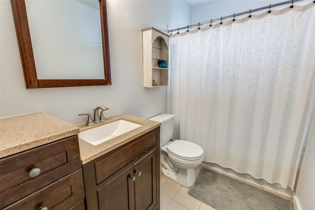 1161 Stone Forest Trl, Round Rock, TX 78681 - bathroom with vanity, toilet, tile patterned floors, and curtained shower