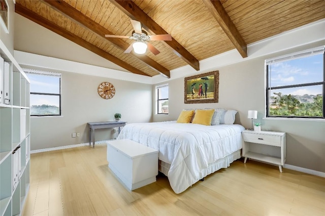bedroom with ceiling fan, lofted ceiling with beams, light wood finished floors, baseboards, and wood ceiling