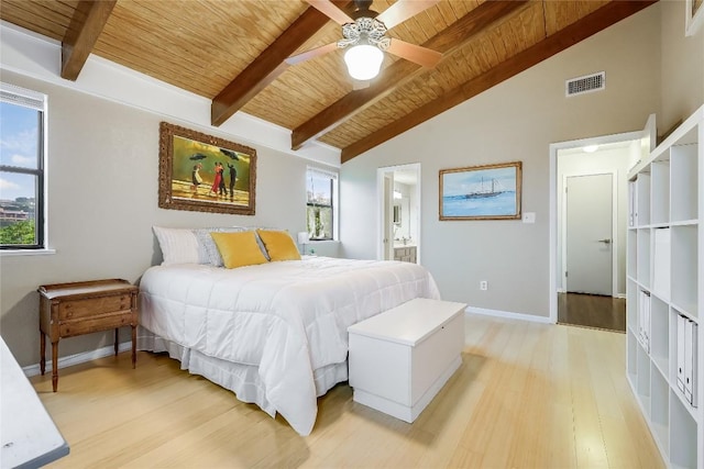 bedroom with visible vents, wooden ceiling, connected bathroom, vaulted ceiling with beams, and light wood-style flooring
