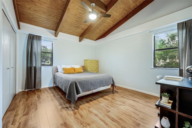 bedroom featuring a ceiling fan, wood finished floors, wooden ceiling, baseboards, and lofted ceiling with beams