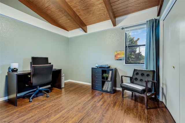 office area with wood ceiling, vaulted ceiling with beams, baseboards, and wood finished floors