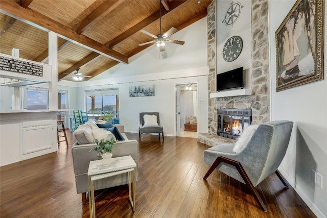 living room featuring wooden ceiling, high vaulted ceiling, and a ceiling fan