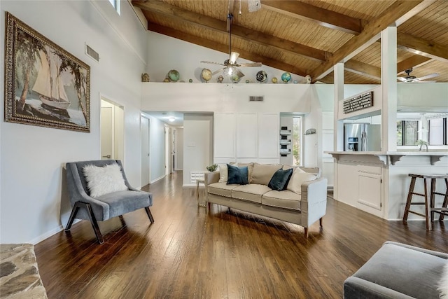 living area featuring wooden ceiling, a ceiling fan, dark wood-style floors, and visible vents