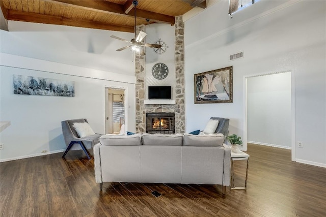 living room featuring visible vents, wood ceiling, dark wood finished floors, and a stone fireplace