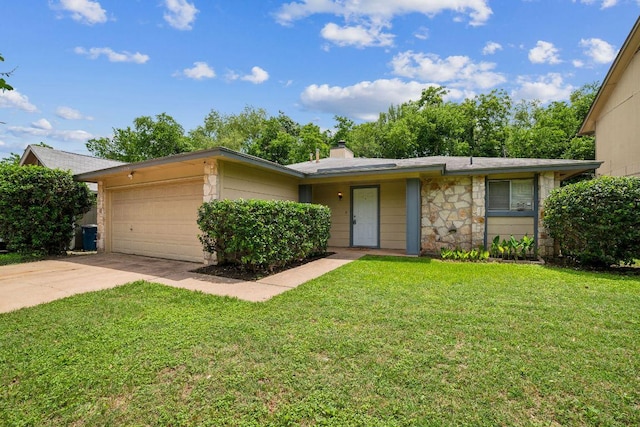 single story home with a chimney, a garage, a front lawn, concrete driveway, and stone siding
