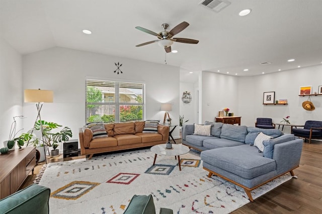 living room with visible vents, recessed lighting, ceiling fan, and wood finished floors