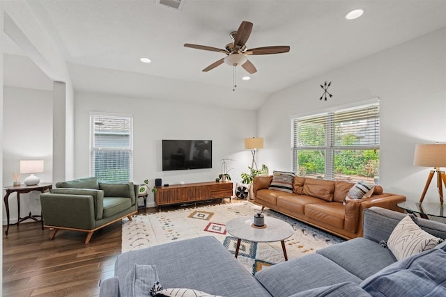 living area with a healthy amount of sunlight, ceiling fan, recessed lighting, and wood finished floors