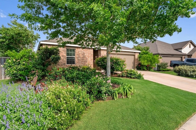 view of property hidden behind natural elements featuring an attached garage, a front yard, driveway, and brick siding