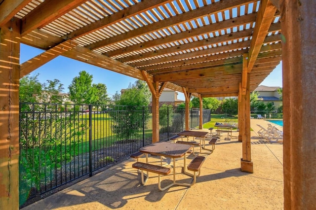 view of patio / terrace featuring fence, a fenced in pool, and a pergola