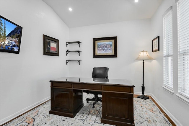 240 Fort Mabry Loop, Georgetown, TX 78628 - home office featuring recessed lighting, baseboards, vaulted ceiling, and a wealth of natural light
