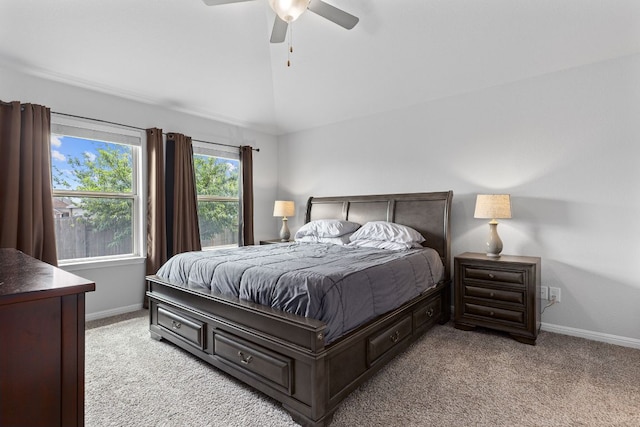 216 Pearland St, Hutto, TX 78634 - bedroom with baseboards, ceiling fan, lofted ceiling, and light carpet