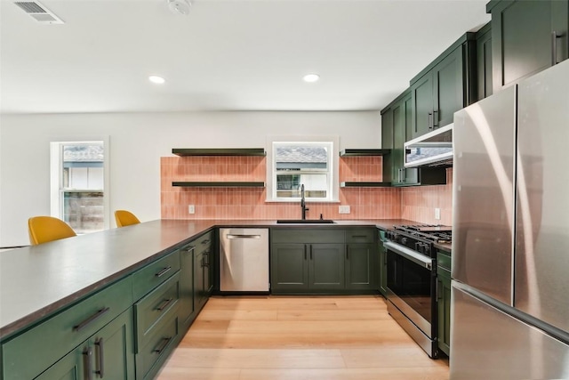 kitchen featuring visible vents, open shelves, a sink, appliances with stainless steel finishes, and green cabinets