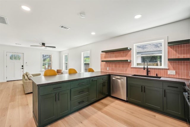 kitchen with open shelves, a sink, green cabinetry, and dishwasher
