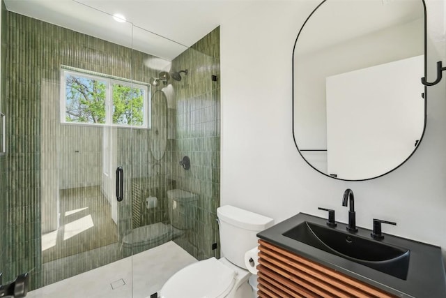 full bath featuring toilet, a shower stall, and vanity