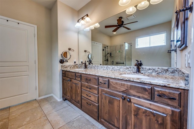 bathroom featuring a sink, a ceiling fan, a shower stall, and visible vents