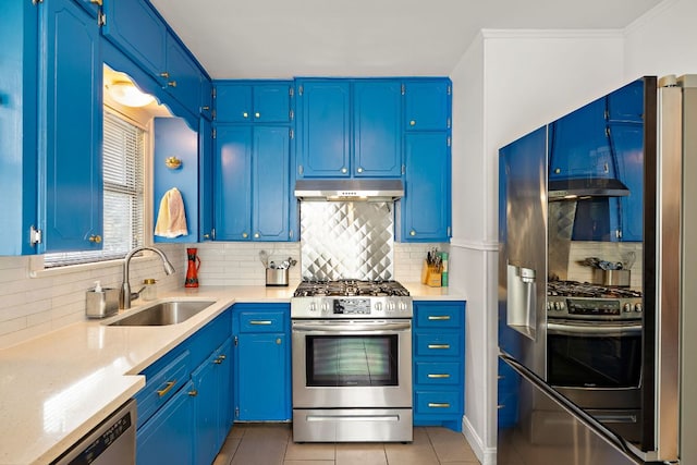 5011 Eilers Ave, Austin, TX 78751 - kitchen with stainless steel appliances, a sink, under cabinet range hood, and decorative backsplash