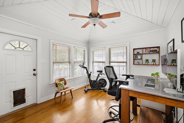 5011 Eilers Ave, Austin, TX 78751 - office space featuring wood ceiling, plenty of natural light, light wood-type flooring, a ceiling fan, and baseboards