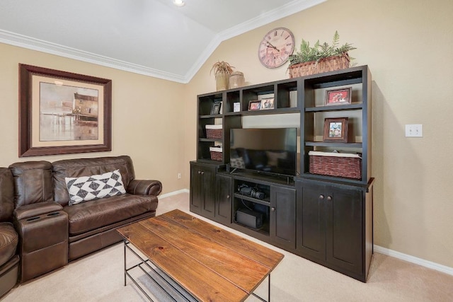 living room featuring crown molding, baseboards, vaulted ceiling, and light colored carpet