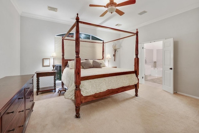bedroom featuring ornamental molding, visible vents, and light colored carpet