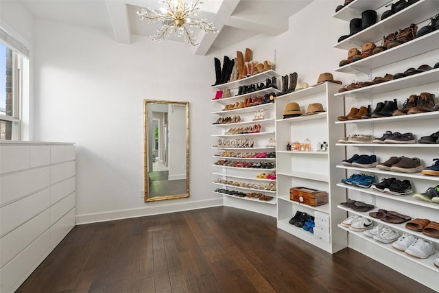 spacious closet with dark wood-type flooring, beam ceiling, and a notable chandelier