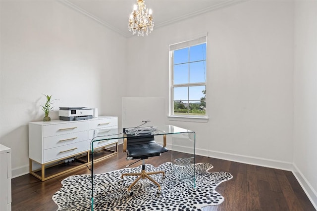 home office with an inviting chandelier, ornamental molding, baseboards, and wood finished floors