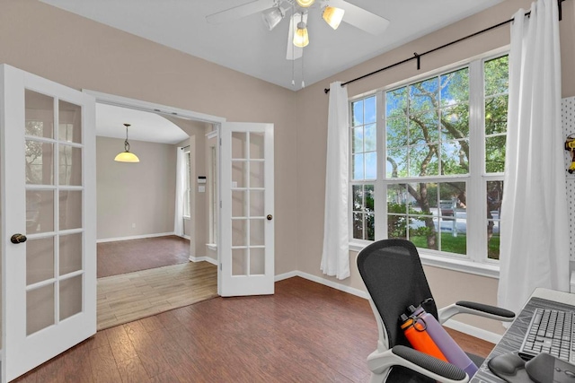 1205 Yountville Dr, Leander, TX 78641 - home office featuring french doors, wood finished floors, and a ceiling fan