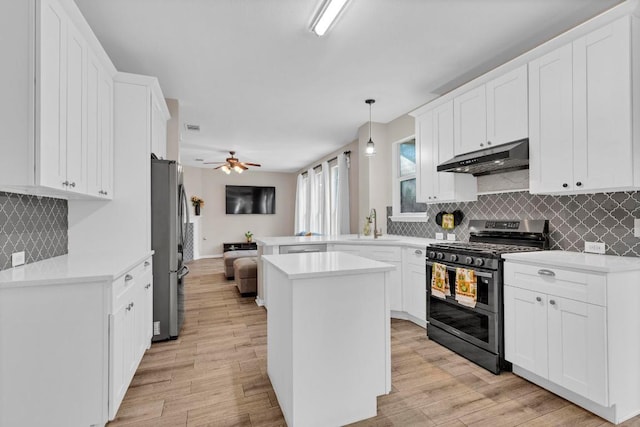 1205 Yountville Dr, Leander, TX 78641 - kitchen featuring stainless steel appliances, under cabinet range hood, a peninsula, light wood finished floors, and white cabinets