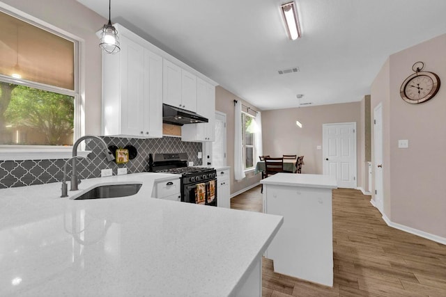 1205 Yountville Dr, Leander, TX 78641 - kitchen featuring stainless steel range with gas cooktop, under cabinet range hood, a kitchen island, backsplash, and wood finished floors