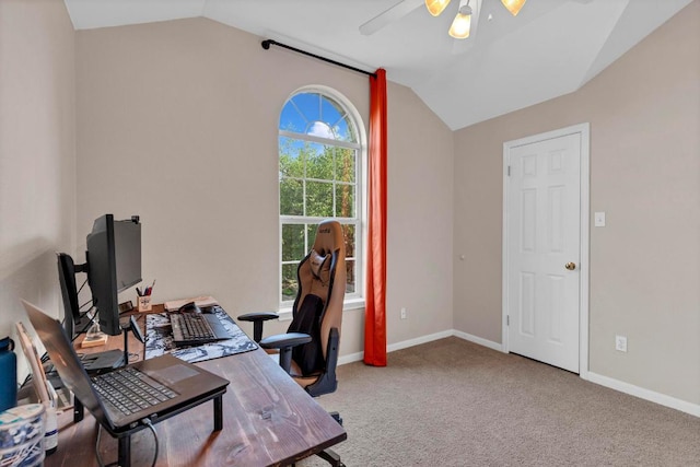 1205 Yountville Dr, Leander, TX 78641 - office area featuring vaulted ceiling, ceiling fan, and carpet floors