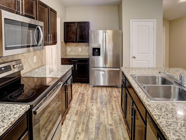 kitchen featuring stainless steel appliances, decorative backsplash, a sink, and light wood-type flooring