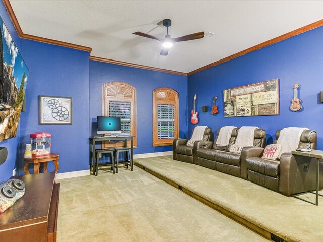5709 Laguna Cliff Ln, Austin, TX 78734 - cinema featuring carpet floors, a ceiling fan, and crown molding
