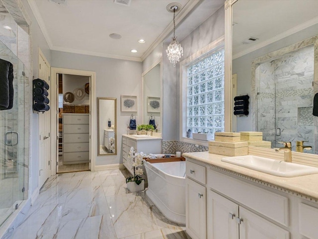 bathroom with crown molding, a washtub, two vanities, a sink, and a stall shower