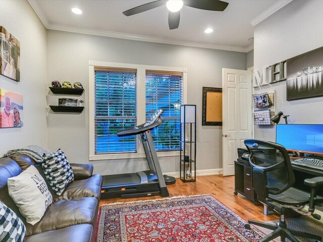 5709 Laguna Cliff Ln, Austin, TX 78734 - office with wood finished floors, a ceiling fan, crown molding, and recessed lighting