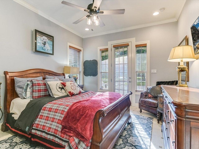 bedroom featuring crown molding, access to outside, and recessed lighting