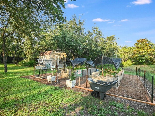 5709 Laguna Cliff Ln, Austin, TX 78734 - view of grassy yard featuring a vegetable garden, an outdoor structure, and view of scattered trees