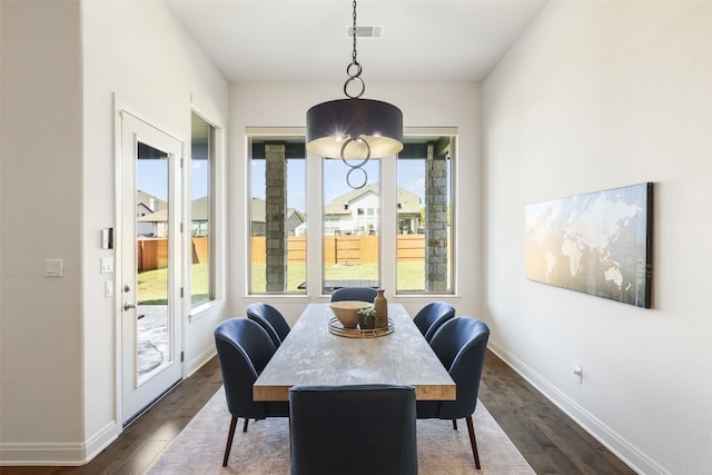 dining area with baseboards, dark wood-style floors, and visible vents