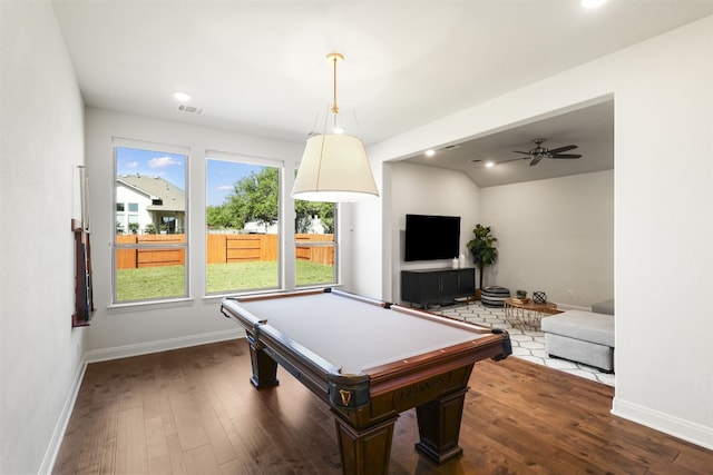 game room featuring baseboards, visible vents, dark wood-style floors, and billiards
