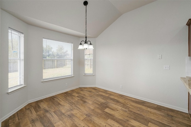 15205 Bullace St, Austin, TX 78724 - unfurnished dining area featuring a chandelier, lofted ceiling, wood finished floors, healthy amount of natural light, and baseboards