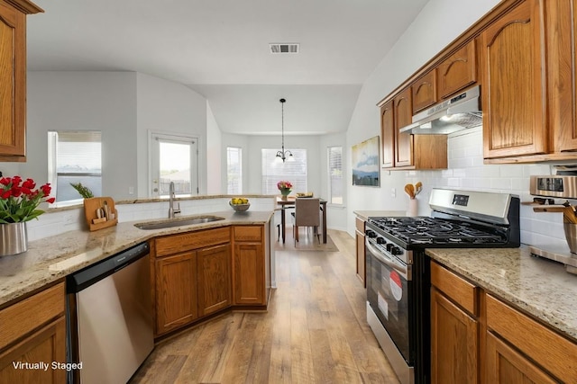15205 Bullace St, Austin, TX 78724 - kitchen with appliances with stainless steel finishes, under cabinet range hood, a sink, light wood finished floors, and vaulted ceiling