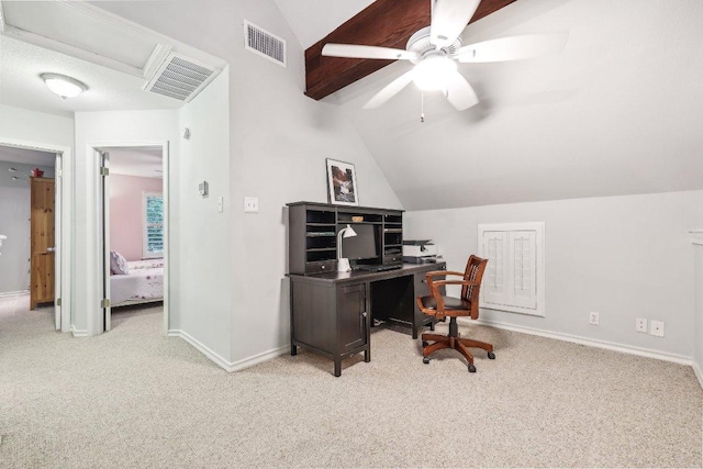 carpeted office space with visible vents, a ceiling fan, baseboards, and vaulted ceiling