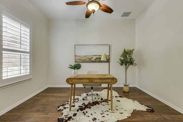 office with a healthy amount of sunlight, ceiling fan, wood finished floors, and visible vents