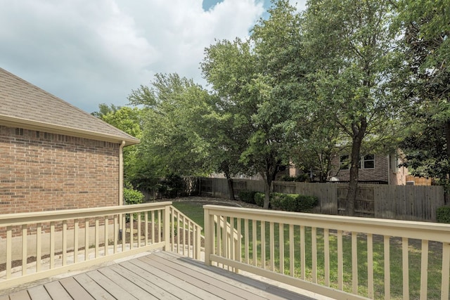 deck with a lawn and a fenced backyard