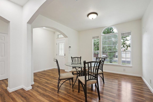 8117 Manx Dr, Round Rock, TX 78681 - dining space featuring arched walkways, plenty of natural light, and dark wood-style floors