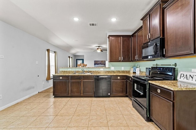kitchen with ceiling fan, light stone countertops, a sink, black appliances, and a peninsula